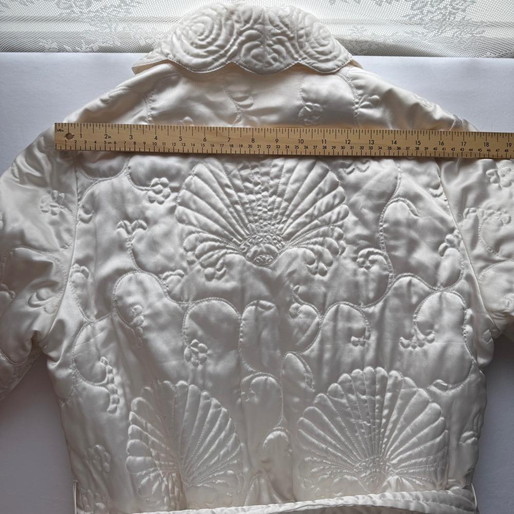 Vintage 90s Quilted Shell Trapunto Long Robe Cream Satin Dressing Gown L - Picture 7 of 14